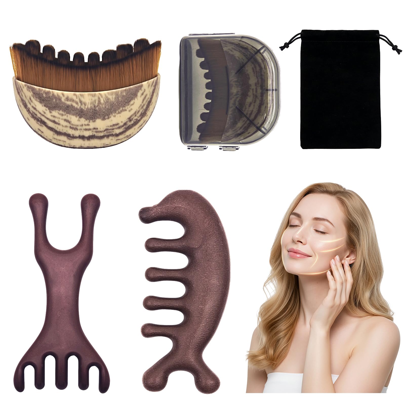 4 Stück Alpenfaser Gesichtsbürste,Lymphatic Contour Face Brush mit 2 Holz Kopfhaut Massagebürste,Lymphdrainage Massagegerät Kinn und Kieferformung Gesichtsreinigung (mit Aufbewahrungstasche)