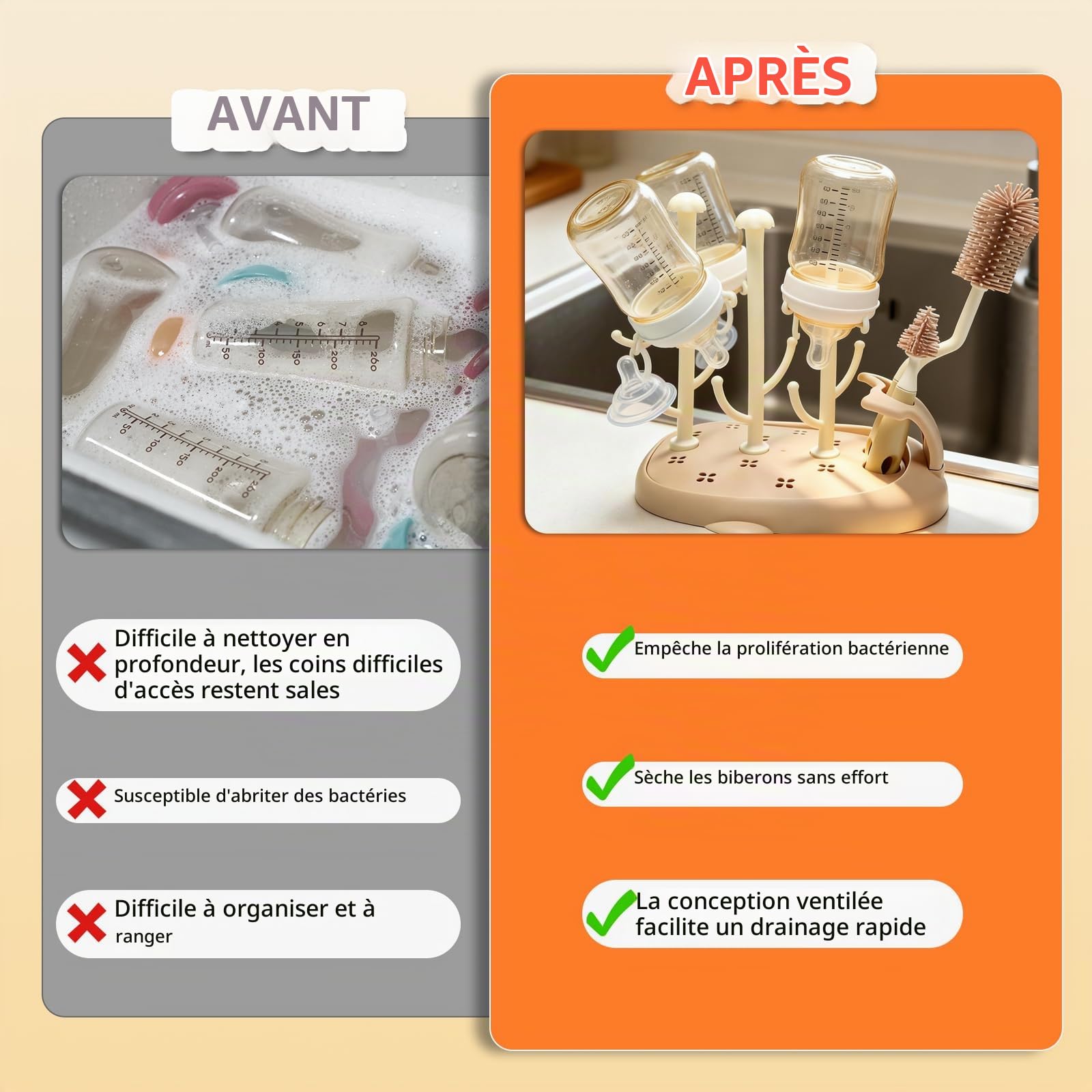 Egouttoir Biberon Bebe avec Goupillon Biberon,Amovible Séchoir pour Bébé Bouteilles Utilisé pour Sécher Les Biberons et Les Tétines