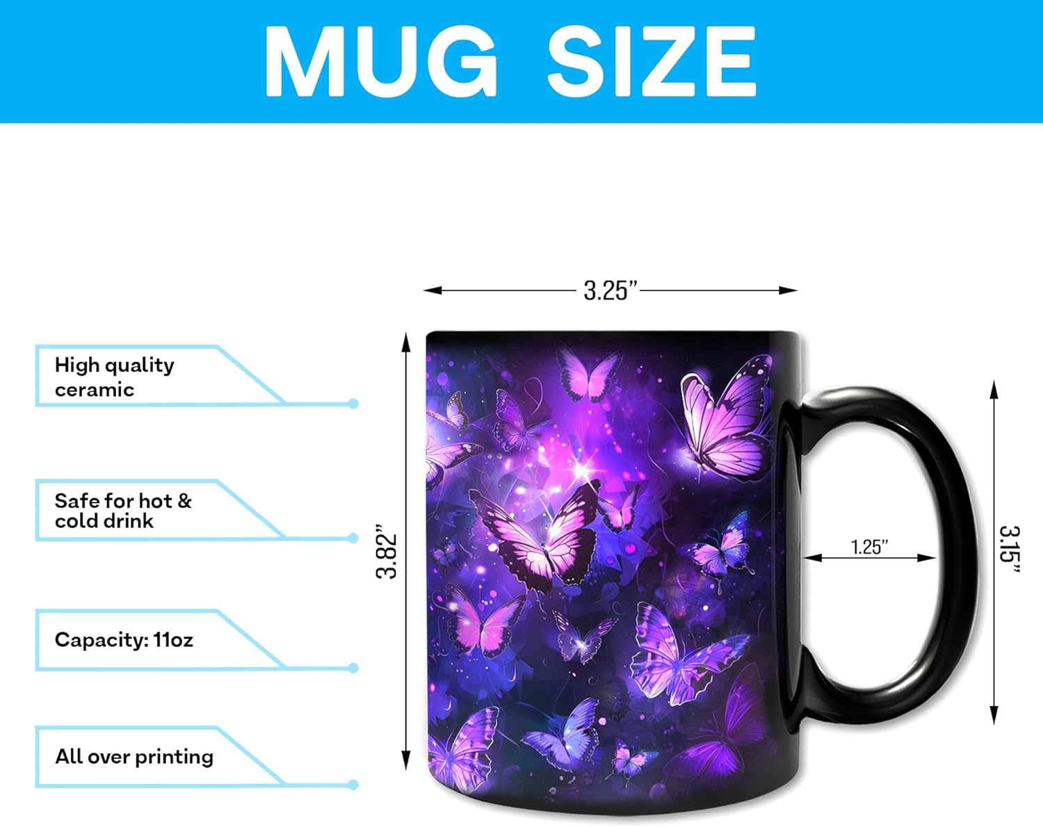 Hyturtle Butterfly Mug Set with Spoon & Keychain Gifts for Her, Christmas Birthday Gifts For Women Girls, Purple Night Butterflies Mug Set, Unique Gift Ideas For Friends 11oz Black Ceramic Tea Cup - Image 6
