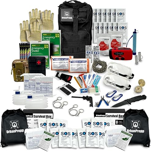 UrbanPrepp Kit combinado de supervivencia de 72 horas Bolsa para 2 personas y caja de supervivencia con alimentos, agua, primeros auxilios,