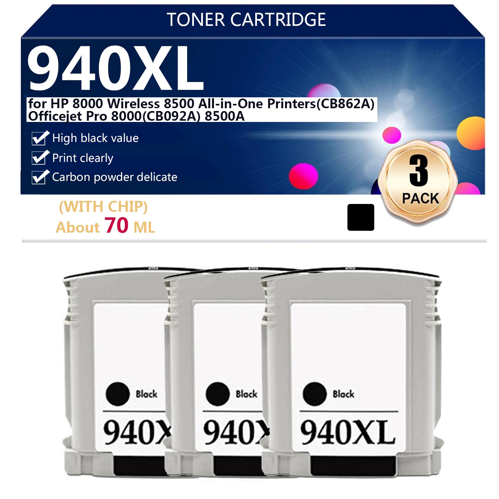 940XL Cartuchos de Tinta Compatibles per HP 8000 Wireless 8500 all-in-One (CB862A) Officejet PRO 8000(CB092A) 8500A Impresoras, Transparente y Duradero,3*Black