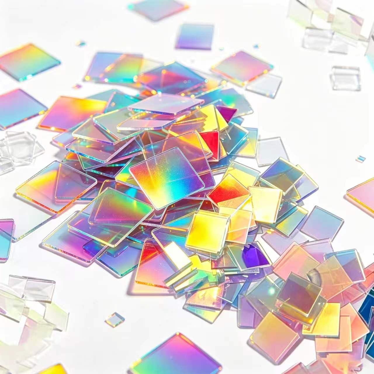 100 Pack Iridescent Acrylic Squares, Mini Rainbow Holographic Acrylic Squares for DIY Crafts, Mosaic Art, Light & Shadow Projects, Home Decoration