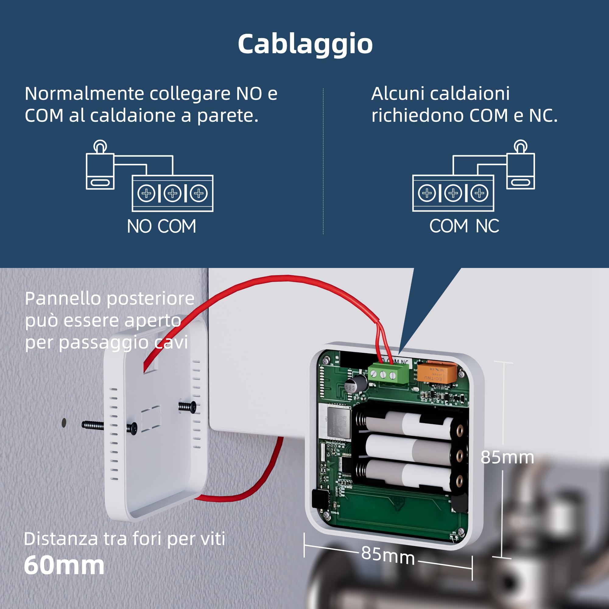 Termostato 2 fili Wi-Fi a batteria, adatto per caldaie a gas. Termostato programmabile giornalmente, compatibile con Google Assistant e Alexa. controllabile da remoto tramite TUYA o Smart Life.