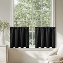 TOPICK Black Kitchen Curtains 24 Inch Drop Small Cafe Curtains Waffle Weave Textured Curtain Tiers for Bathroom Sink Laundry Half Window Rod Pocket 2 Panels