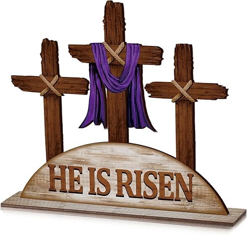 Beeveer Decoraciones de mesa de Pascua con texto en inglés "He is Risen", centros de mesa Religious He Lives, centro de mesa de madera con cruz