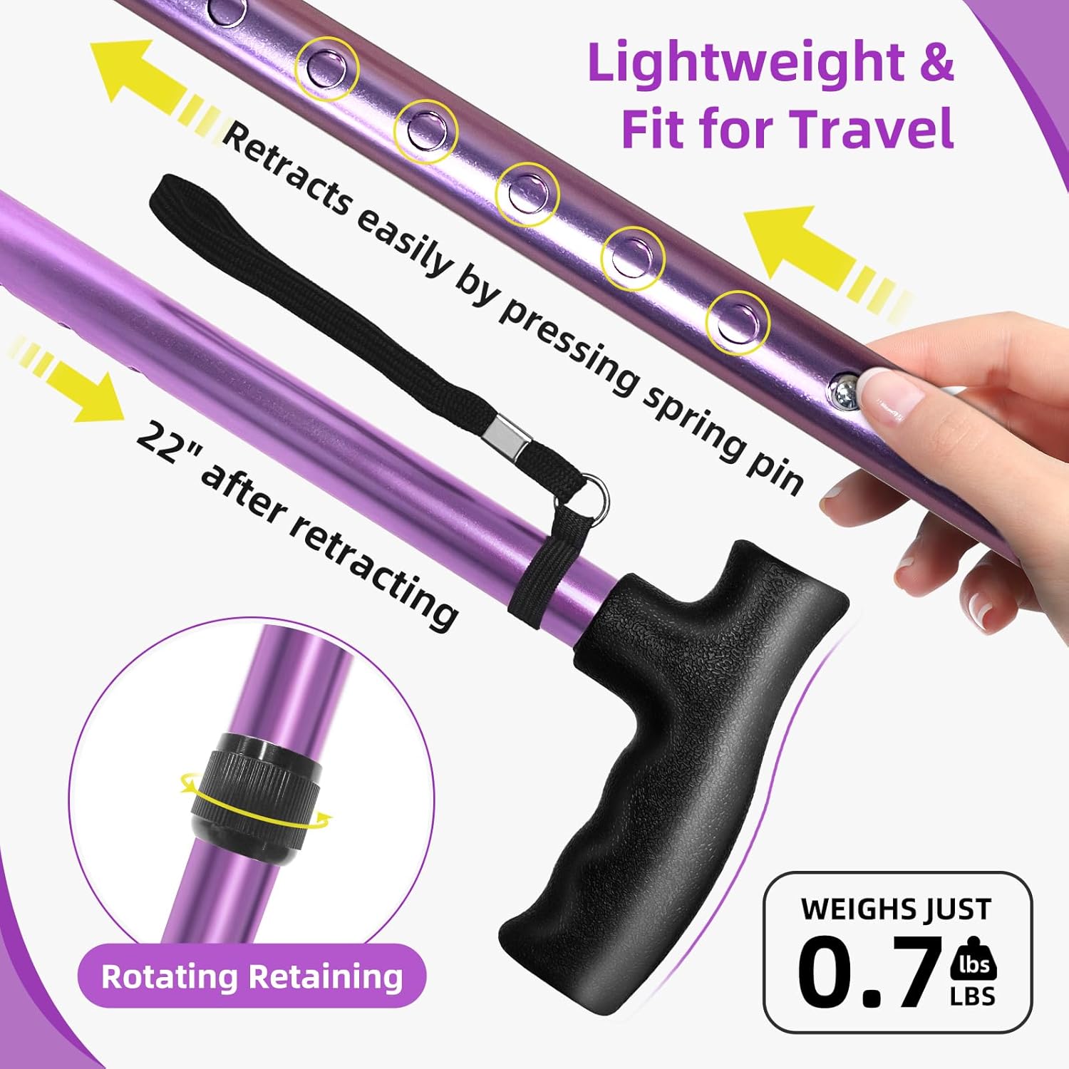 Adjustable Walking Cane for Women,10-Level Height Telescopic Walking Stick with 4-Prong Anti-Slip Pivoting Base, Wrist Strap, Heavy Duty Walking Aid for Adults & Elderly