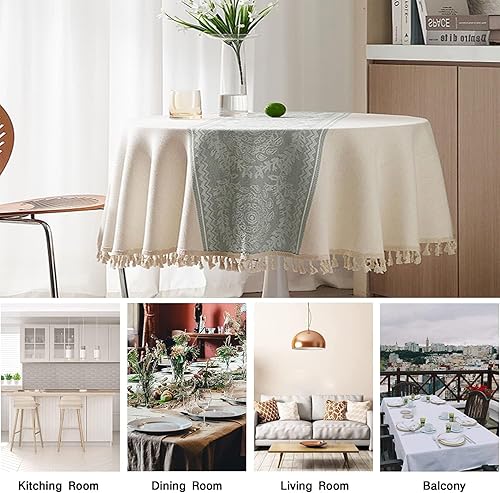 Miniatura 7 de Mantel redondo de lino de 60 pulgadas con borlas, mantel redondo resistente, lavable, para cocina, comedor, fiesta de Navidad, 60 x 60 pulgadas