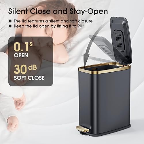Miniatura 4 de CEROELDA Cubo de basura pequeño para baño con tapa, cierre suave, 5 litros/1.3 galones, papelera delgada de metal, papelera rectangular estrecha