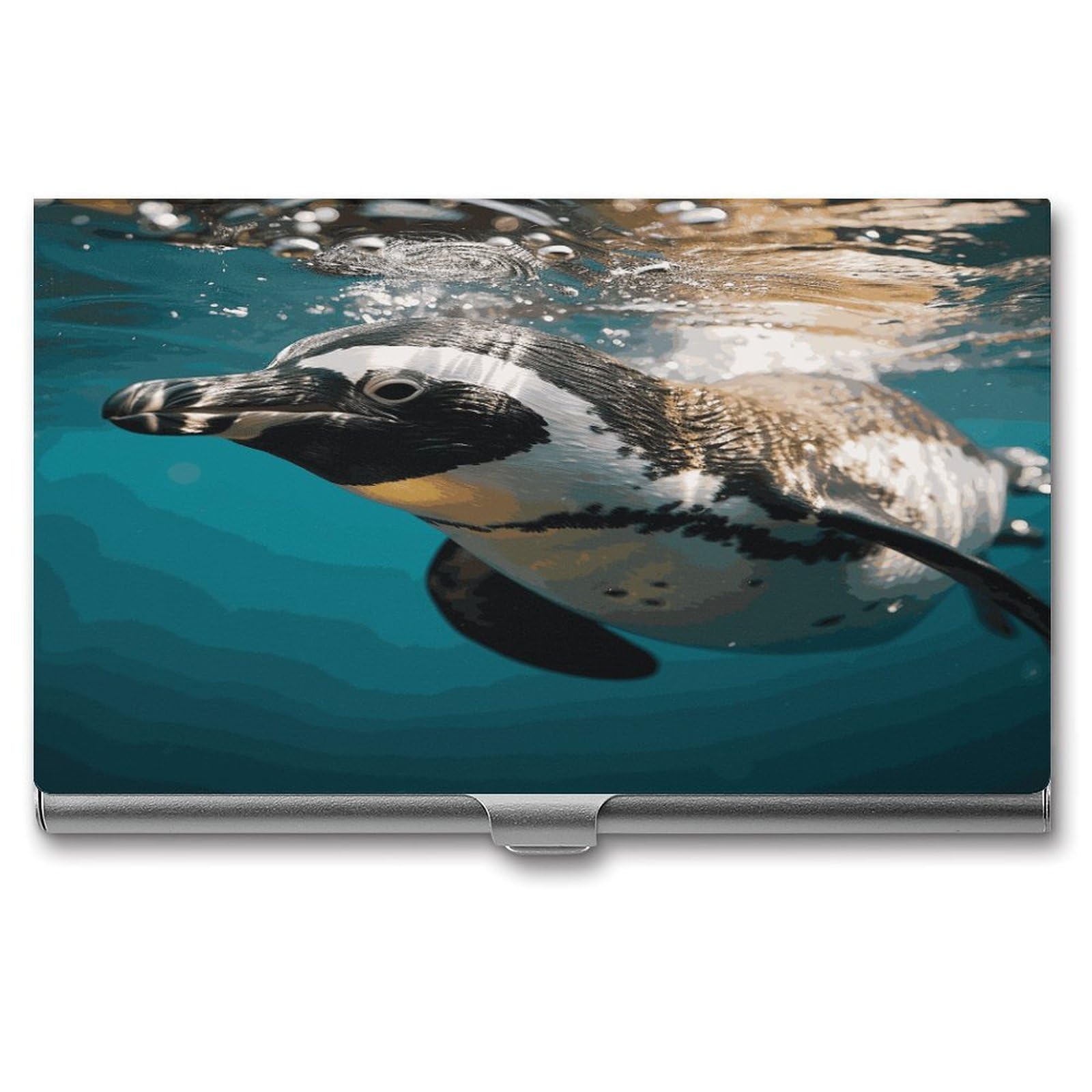 JTREHY Penguin Swimming in The Ocean Business Card Holder Slim Purse Name Card Holder Portable Metal Business Card Case Wallet Large Capacity Lightweight Business Card Case for Men Women