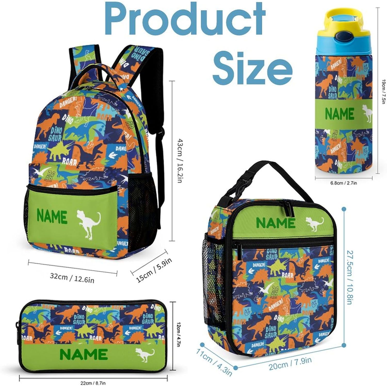 Custom 4Pcs Backpack Set with Lunch Bag Pencil Case Kids Water Bottle Add Your Name Personalized School Book Bags Customization Colorful Dinosaur Roar Backpack for Girls Boys