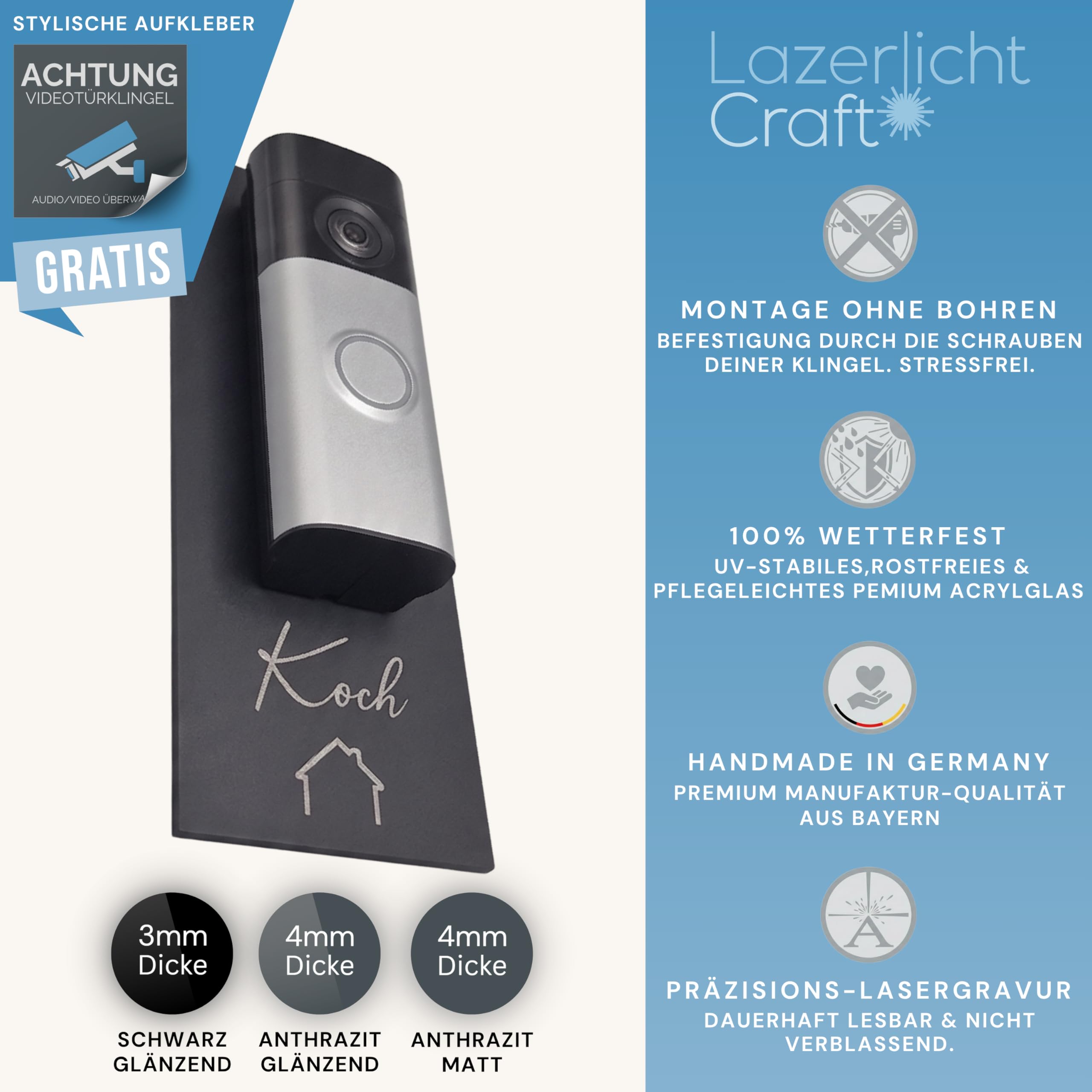 Klingelschild für Ring Akku Videotürklingel, Plus & Pro (Battery Video Doorbell)(neueste Generation, 2.Gen.) personalisiert – Acrylglas Blende mit Wunschgravur – Türklingel Zubehör