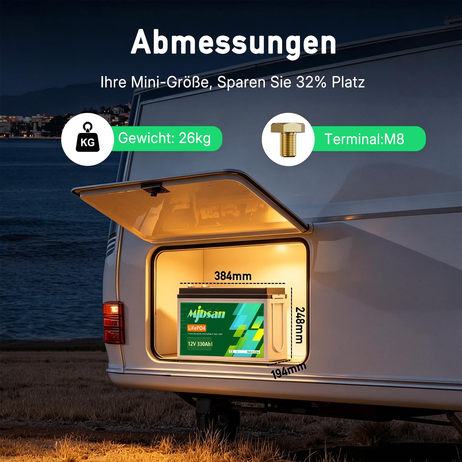 Mjbsan LiFePO4 12 V 330 AH batteria al litio Bluetooth con 200 A BMS, 8000 + cicli, batteria al litio 4224 W, protezione da spegnimento a bassa temperatura, perfetta per camper, applicazioni solari e