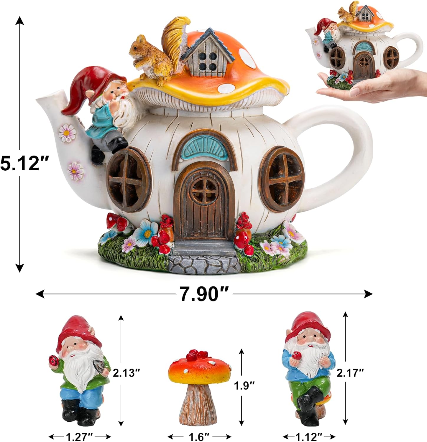 twinbling Solar Fairy Garden House Lights - Mushroom Teapot Gnome House Statue Set with 2 Mini Gnomes and 1 Mushroom Figurines, Outdoor Garden Decor, Gift for Gardeners and Moms (Set)