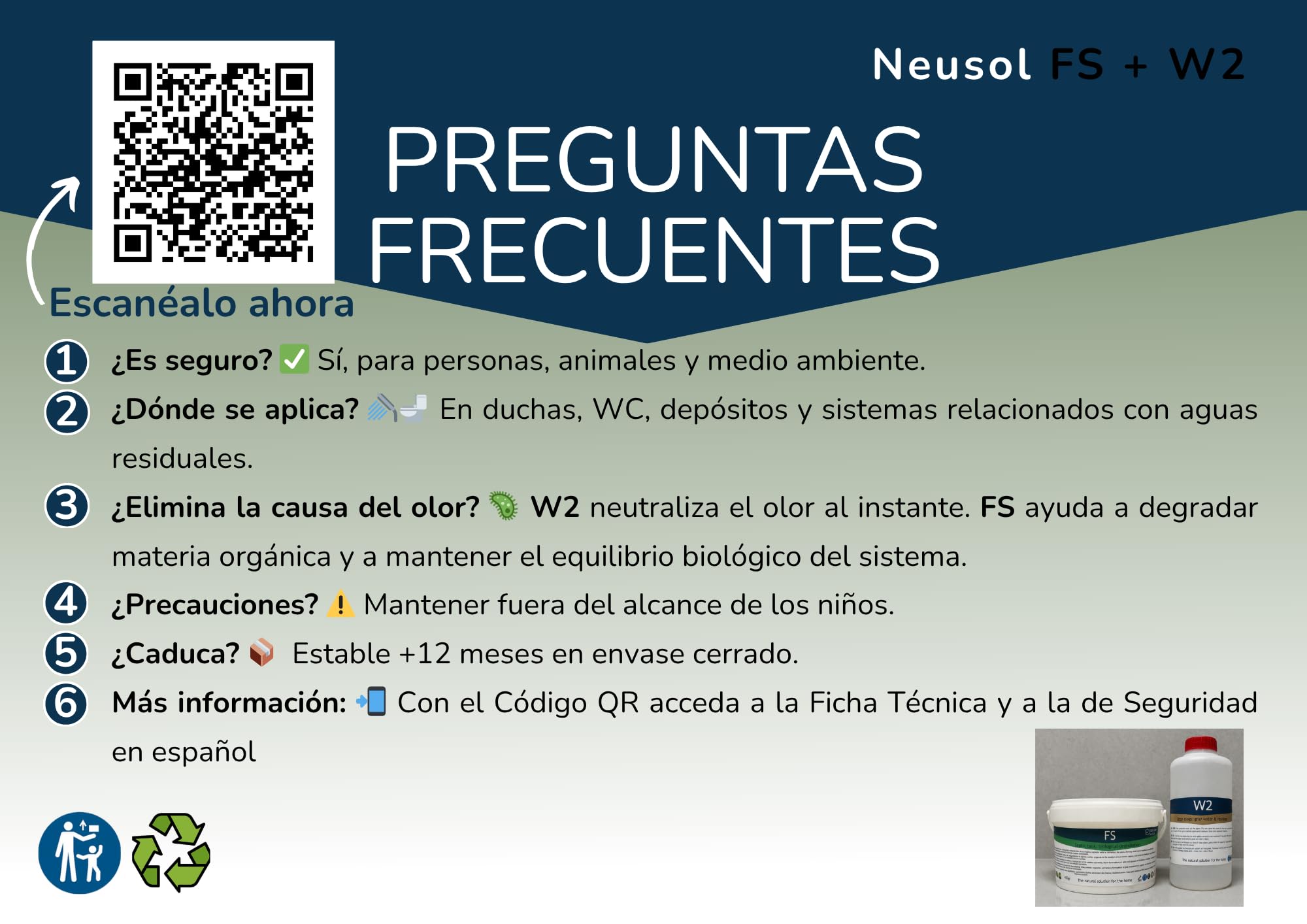 FS + W2 Pack Fosa Séptica Tuberías Olores Bacterias Enzimas | prevención limpieza control de malos olores Doméstico Profesional Sistemas de evacuación Mantenimiento y Choque