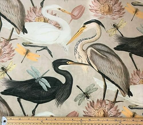 The Yard - Tela de pájaros de garza vendida por The Yard - Material de costura de terciopelo suave beige por metro con patrón de pájaro de libélula