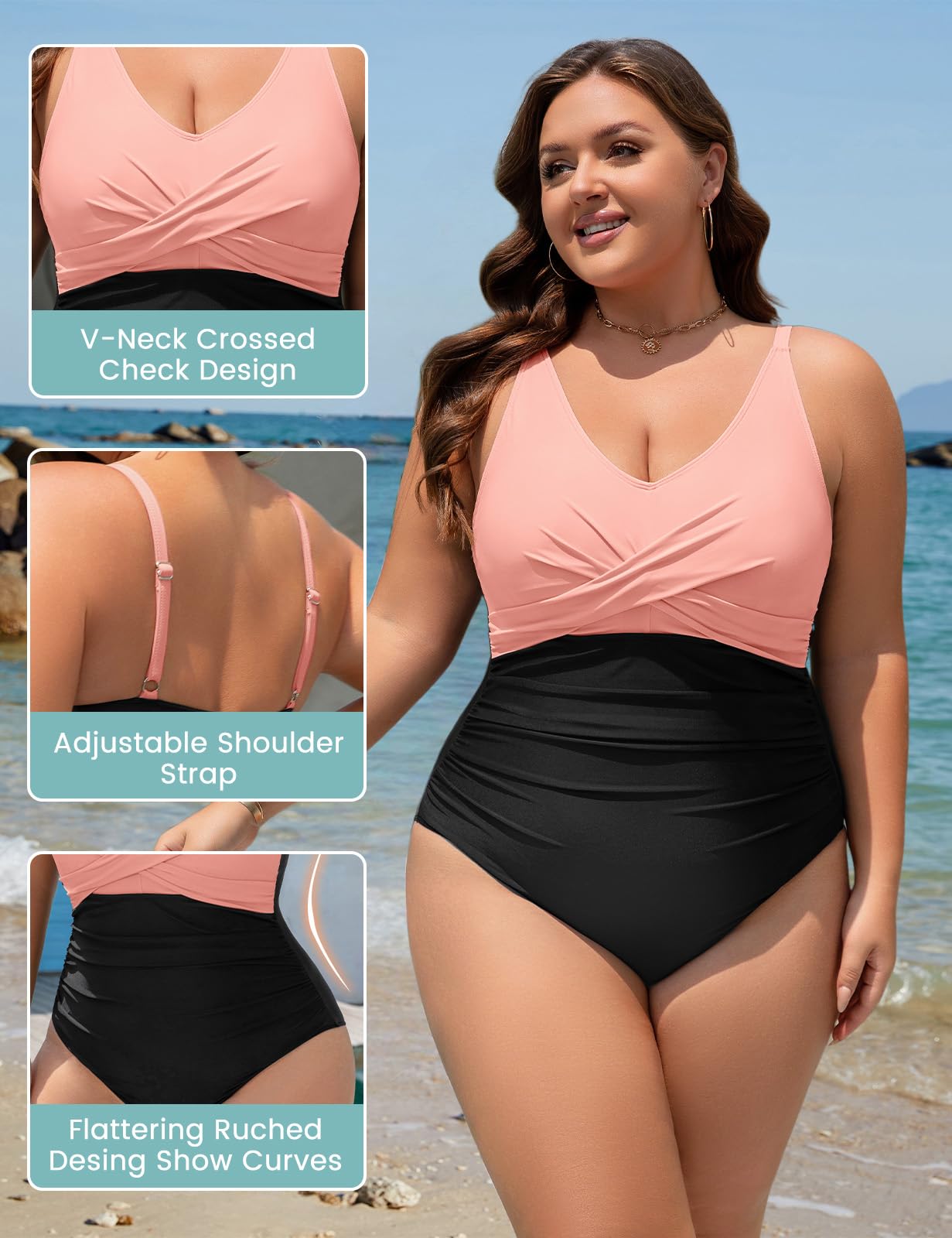 Maillot de Bain Grande Taille Femme 1 Piece Ventre Plat Swimsuit Sexy Col en V Maillot de Bain Réglable Push Up Rembourré Grosses Poitrines Monokini L-4XL