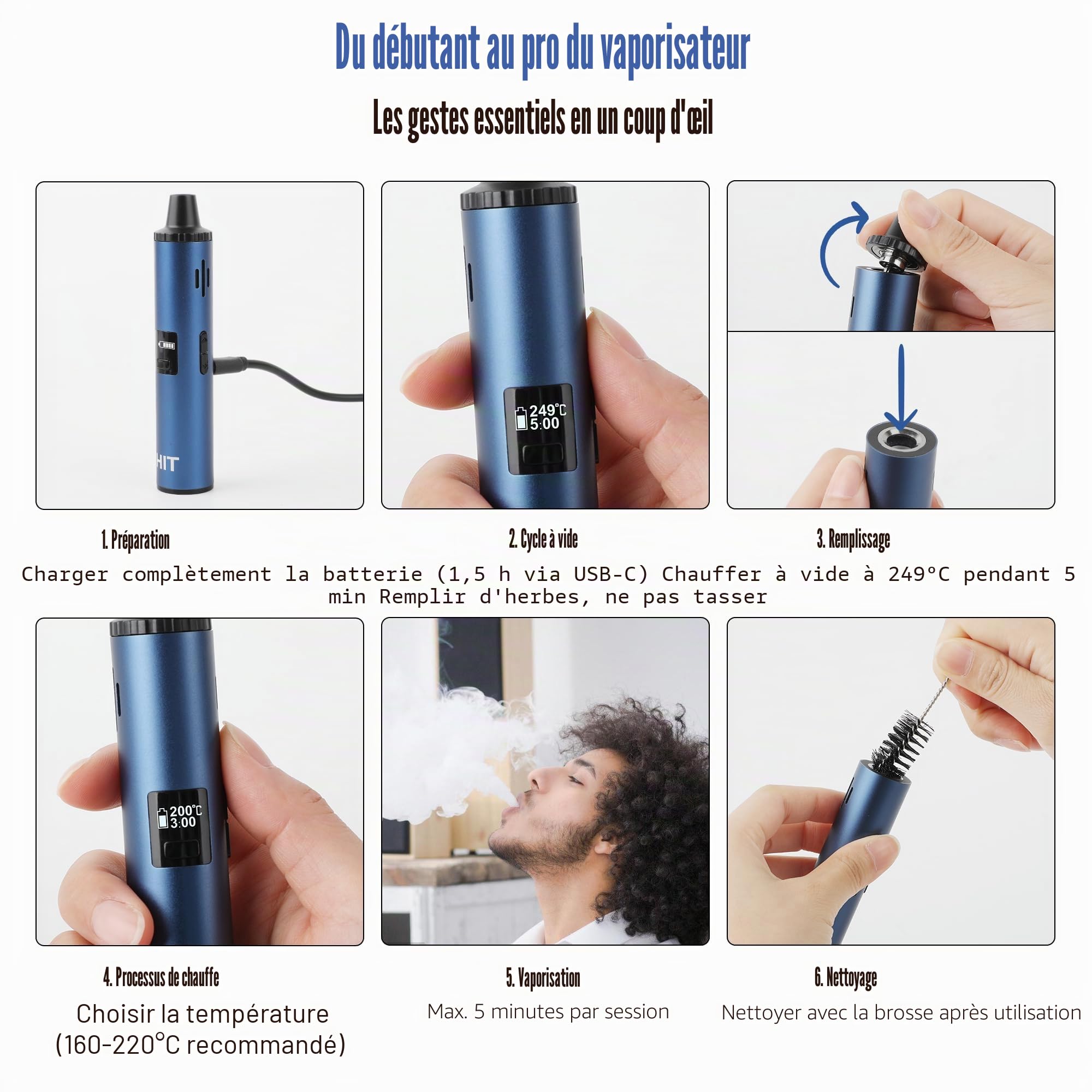 Yocan Vaporisateur HIT Dry Herb avec contrôle de la température de 93 à 249 °C et chambre de chauffage en céramique, stylo portable, batterie 1400 mAh, écran OLED, nettoyage facile (bleu)