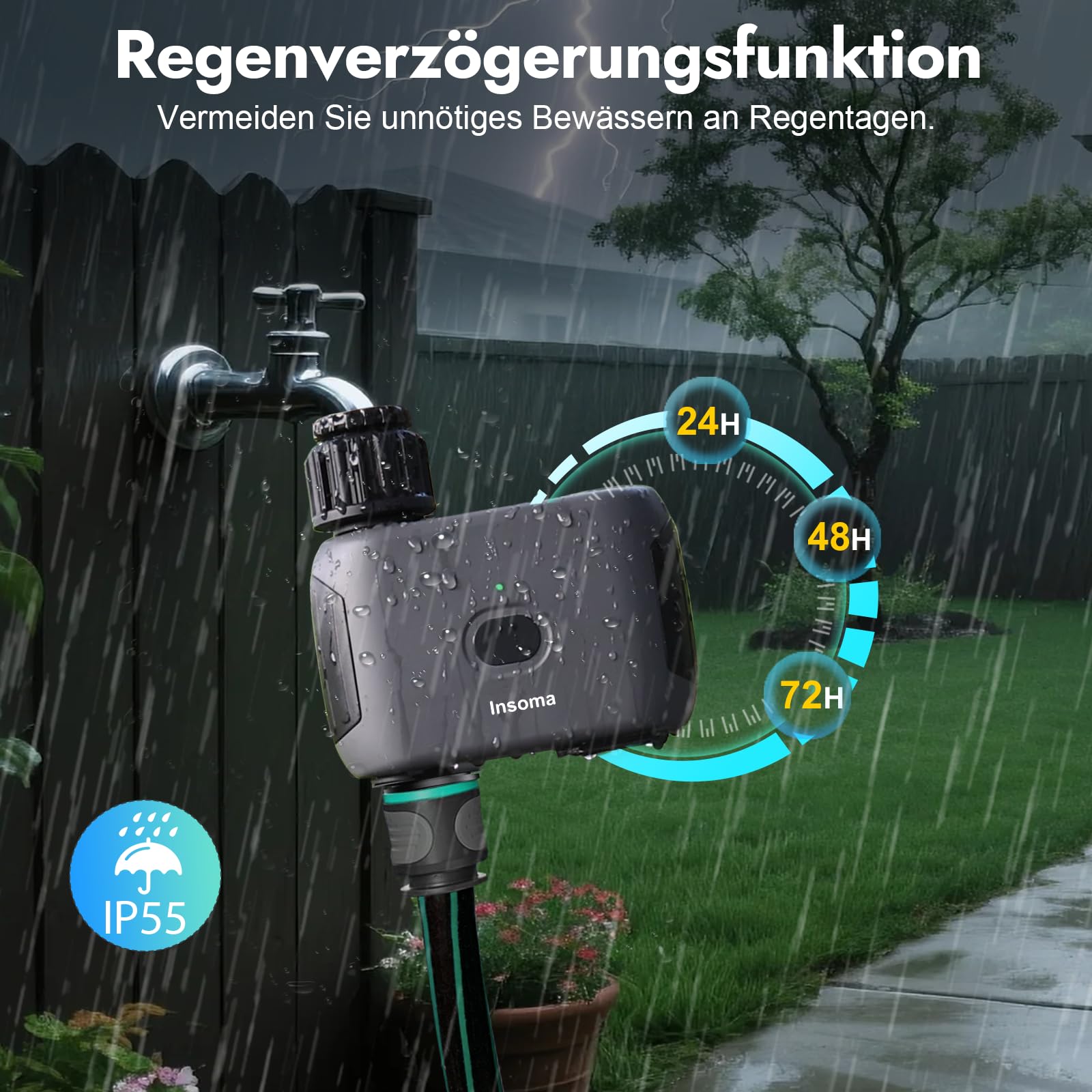 Insoma WiFi-Wasser-Timer, Outdoor-WiFi-Schlauch-Timer für Gartenwasserhahn mit Auto-/Manuell-/Regenverzögerungsmodus, Sprinkler-Bewässerungs-Timer für Rasenflächen
