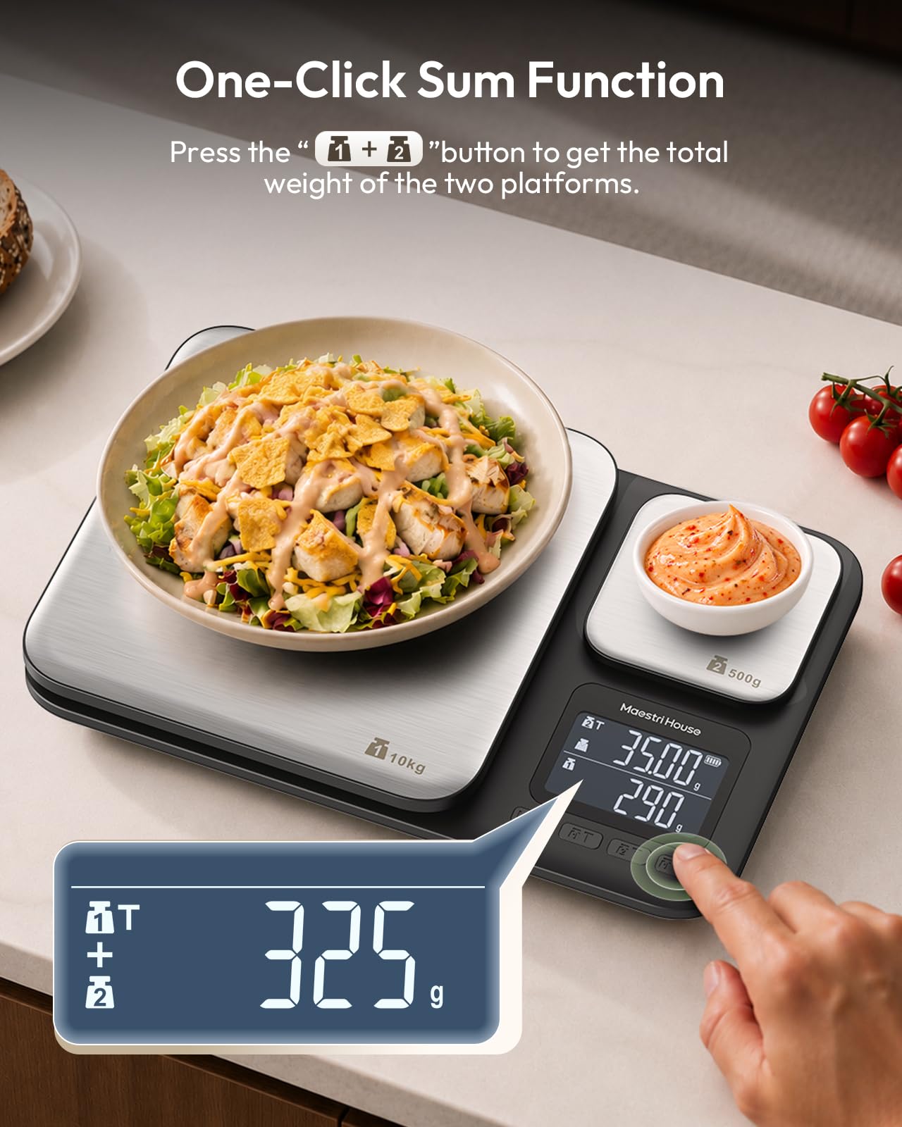 Maestri House Balance de cuisine avec deux plateformes de pesée, haute précision de 0,01 g et capacité totale de 10 kg/1 g, balance alimentaire 2 en 1 en acier inoxydable avec fonction tare et somme