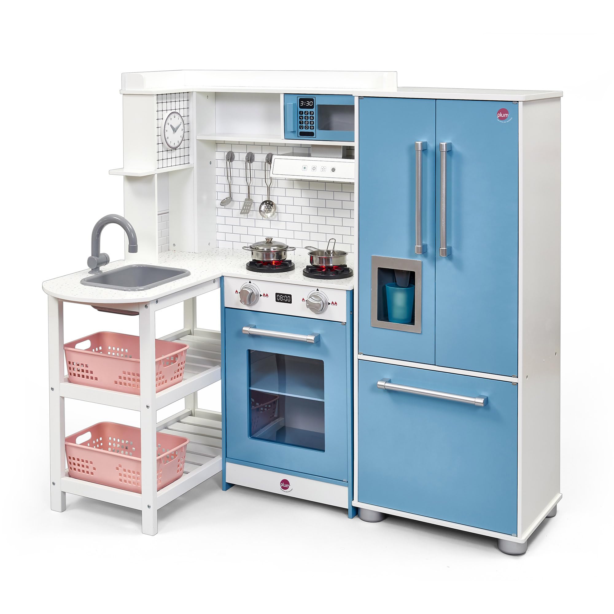 Plum Roleplay Kids Indoor Wooden Penne Pantry Bakehouse Kuchnia z przyborami do gotowania, lodówką z maszyną do lodu i kuchenkami elektrycznymi ze światłami i dźwiękami - 3 lata plus 110 x 102 x 33 cm