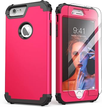 IDweel for iPhone 6S Plus Case with Tempered Glass Screen Protector, for iPhone 6 Plus Case, 3 in 1 Shockproof Slim Hybrid Heavy Duty Hard PC Cover Soft Silicone Bumper Full Body Cover,Rose Red
