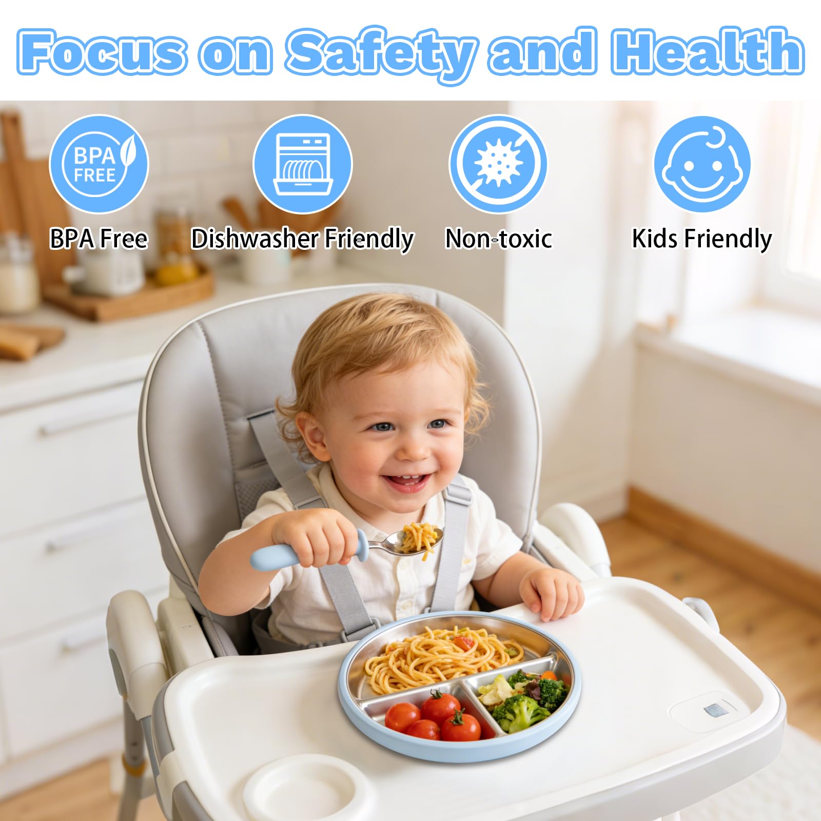 Sweetone Lot de 2 assiettes pour enfants avec ventouse, sans BPA, en acier inoxydable, antidérapantes, divisées avec 2 fourchettes et 2 cuillères, passent au lave-vaisselle, idéales pour manger