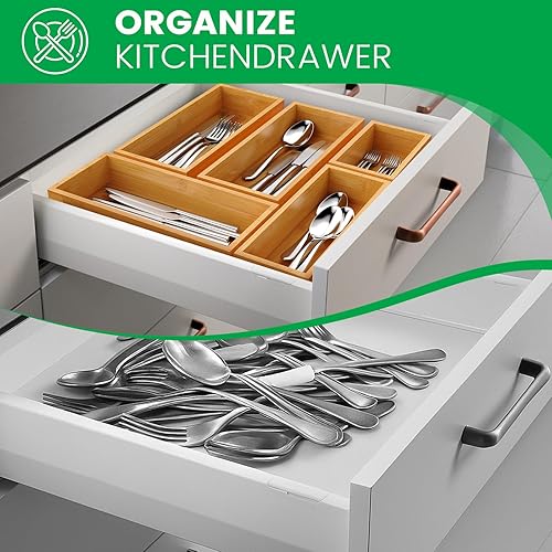 Miniatura 4 de Juego de organizador de cajones de bambú, bandejas de almacenamiento de 5 piezas para cocina, baño, escritorio de oficina, cajones de maquillaje y