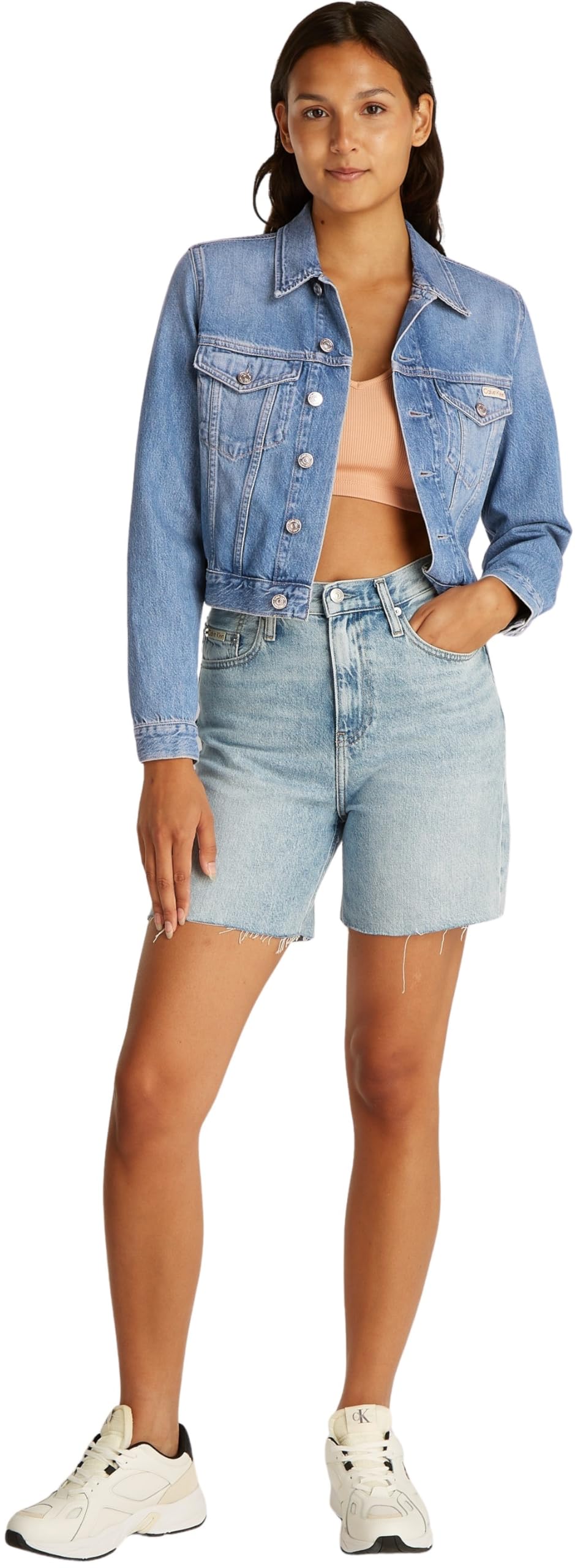 Calvin Klein Donna Giacca in Jeans Cropped 90’S Denim Trucker con Taschini sul Petto