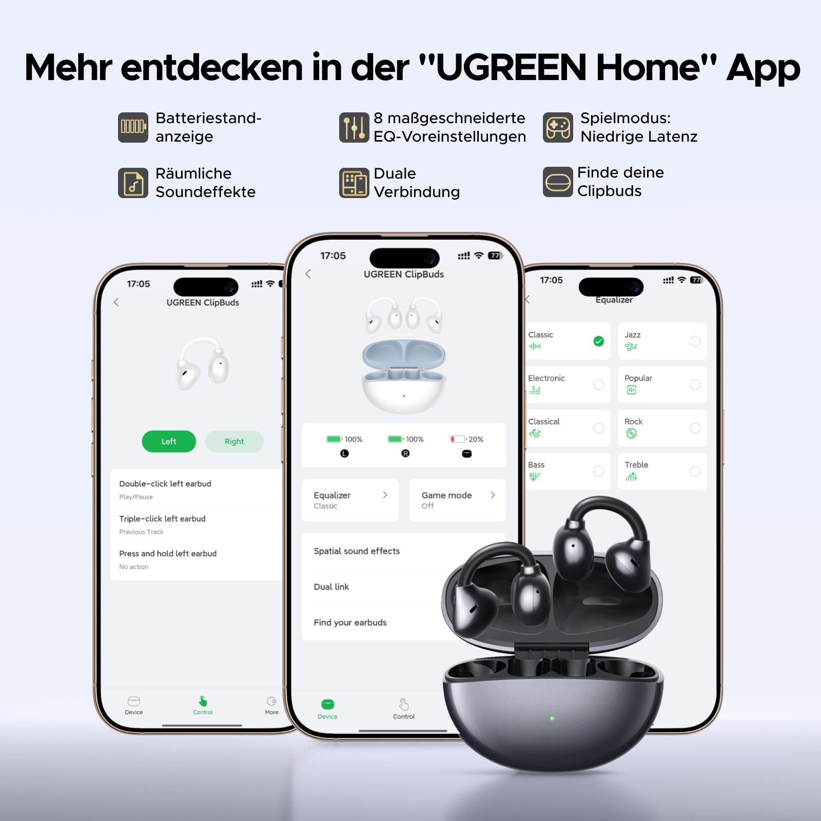 UGREEN ClipBuds Open-Ear Kopfhörer mit 4 Mikrofonen ENC Geräuschunterdrückung, 30 Stunden Akku, Bluetooth 6.0, APP-Unterstützung, IPX5 Wasserschutz, Raumklang und Gerätedoppelverbindung