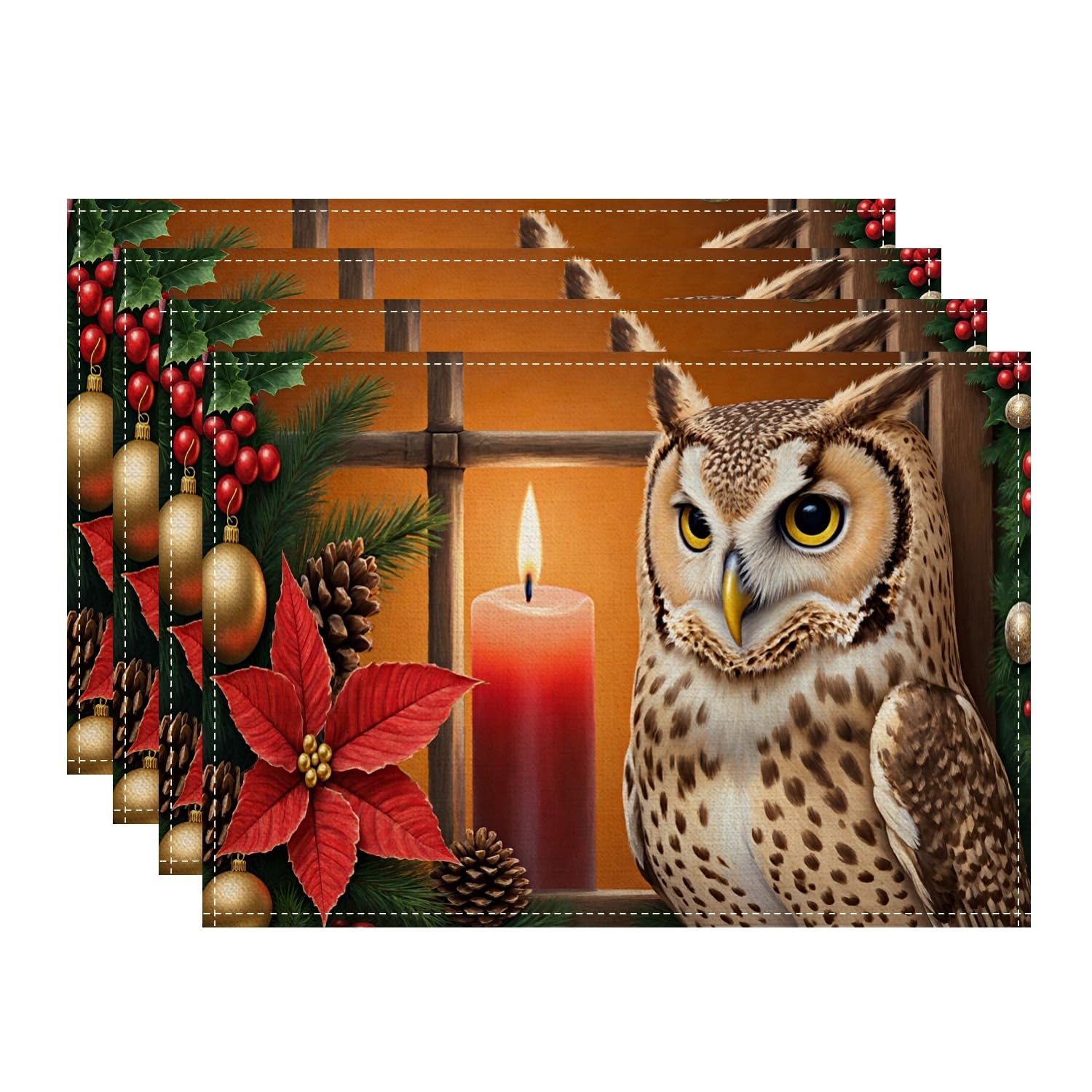 Christmas Owl Placemats, Rustic Holiday Candle and Poinsettia Place Mats for Dining Table, Winter Non-Slip Washable Indoor Outdoor Party Placemat Set of 4