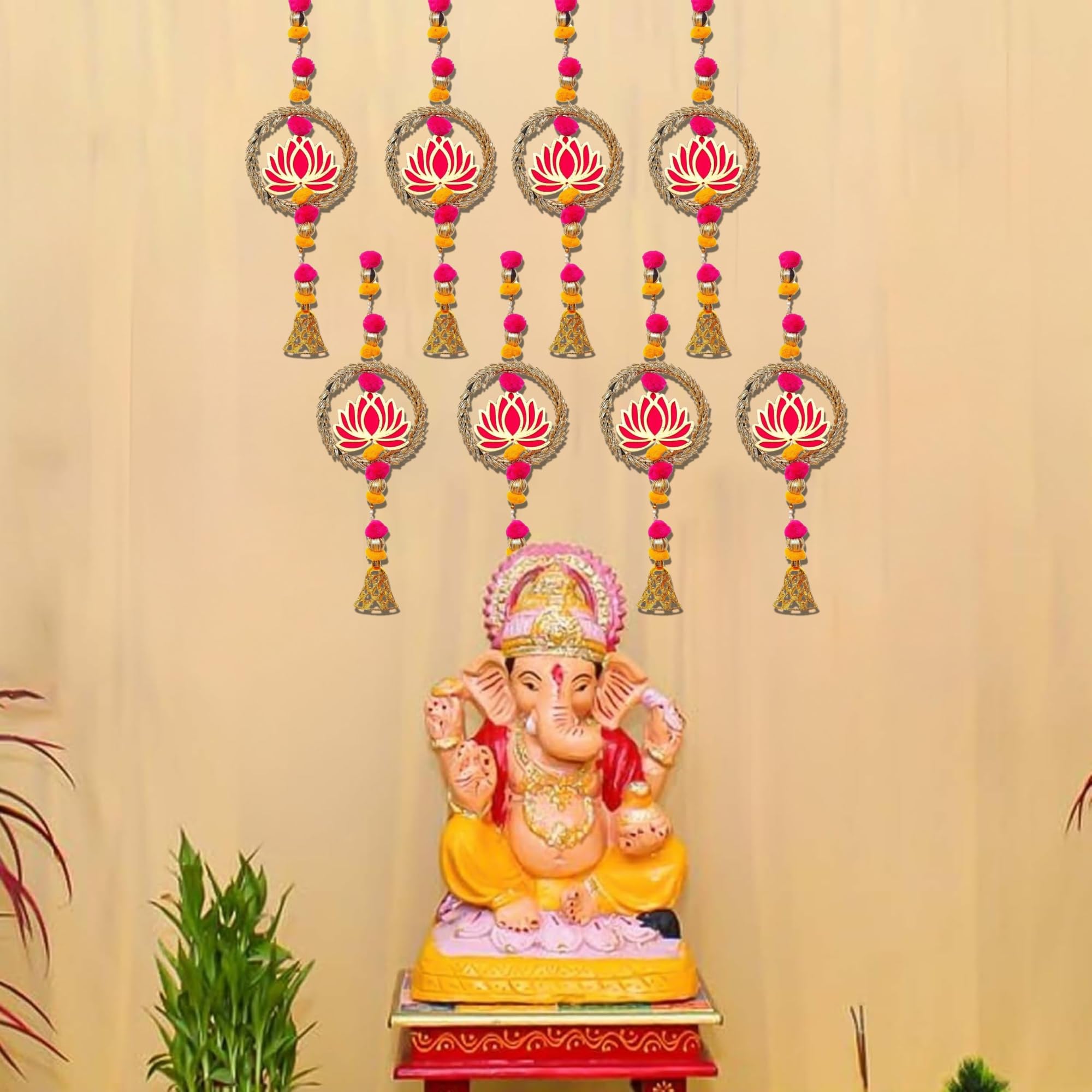 eCraftIndia Lotus in Golden Rings with Pom Pom & Bell Toran for Home Decor (Pack of 8) - Lotus Hangings for Pooja Room, Temple - Ganesh Chaturthi Navratri, Diwali Decoration Items.-image-35
