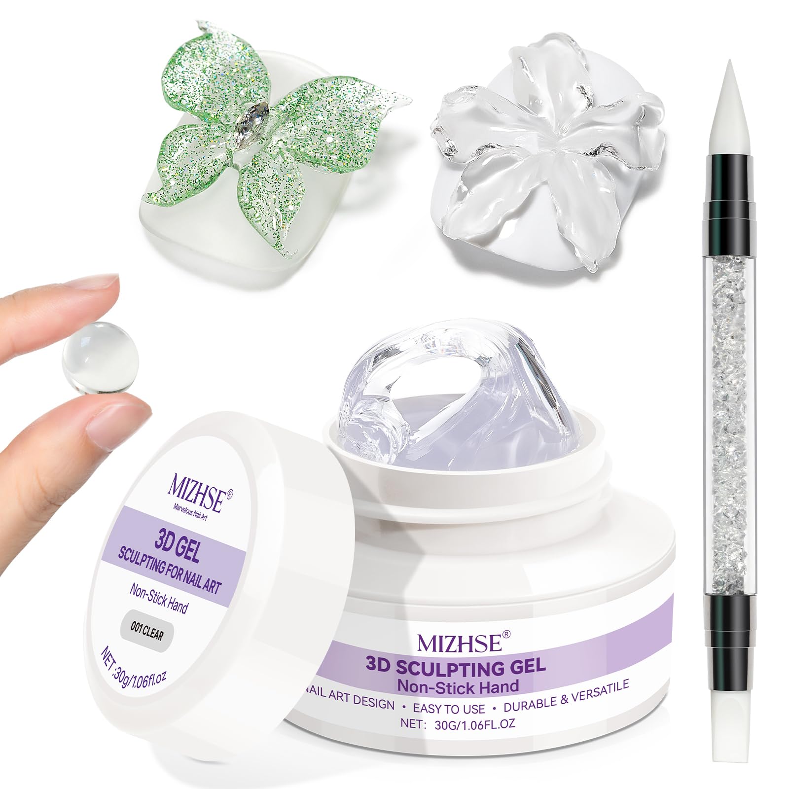 Gel 3D de 1.06 oz para arte de uñas, gel transparente para esculpir uñas, gel de moldeo no pegajoso para esculpir uñas UV LED Soak Off Gel Esmalte con lápiz de arte de uñas y molde 3D para