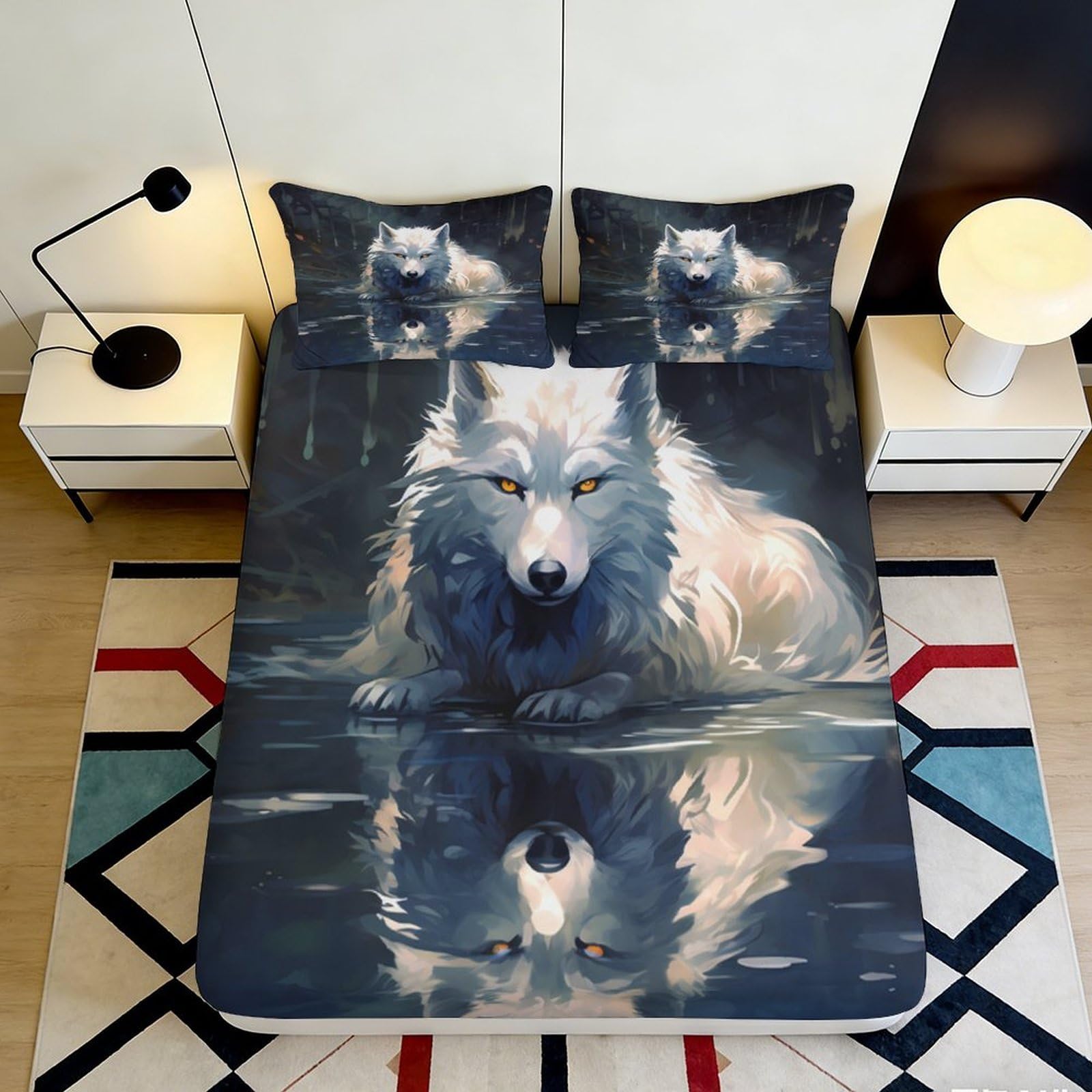 Pnayamiorkfel Style-2 3D Printed White Wolf Fitted Sheet Microfiber Anti-Slip Decor Bedroom Guest Room Artistic Bed Cover Dustproof Easy Care 90X200x25cm