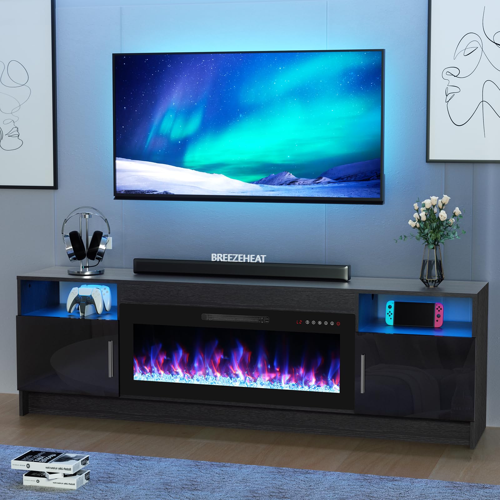 BREEZEHEAT Electric Fireplace TV Stand with 36 inch Fireplace Up