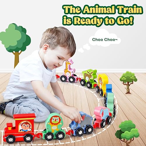 Miniatura 2 de EDUJOY Juguetes para niños de 2 a 3 años, juego de tren de animales de madera, juguetes Montessori para niños de 2 a 3 años, regalos de cumpleaños,