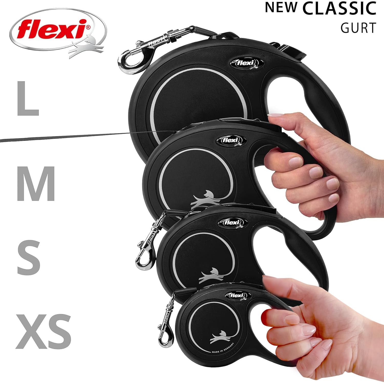 flexi® Classic L | 8m Gurt Roll-Leine für Hunde bis 50 kg | Schwarz | ausziehbare Hundeleine | Gewicht 534.3 gr | Maße 14.7 x 20.9 cm
