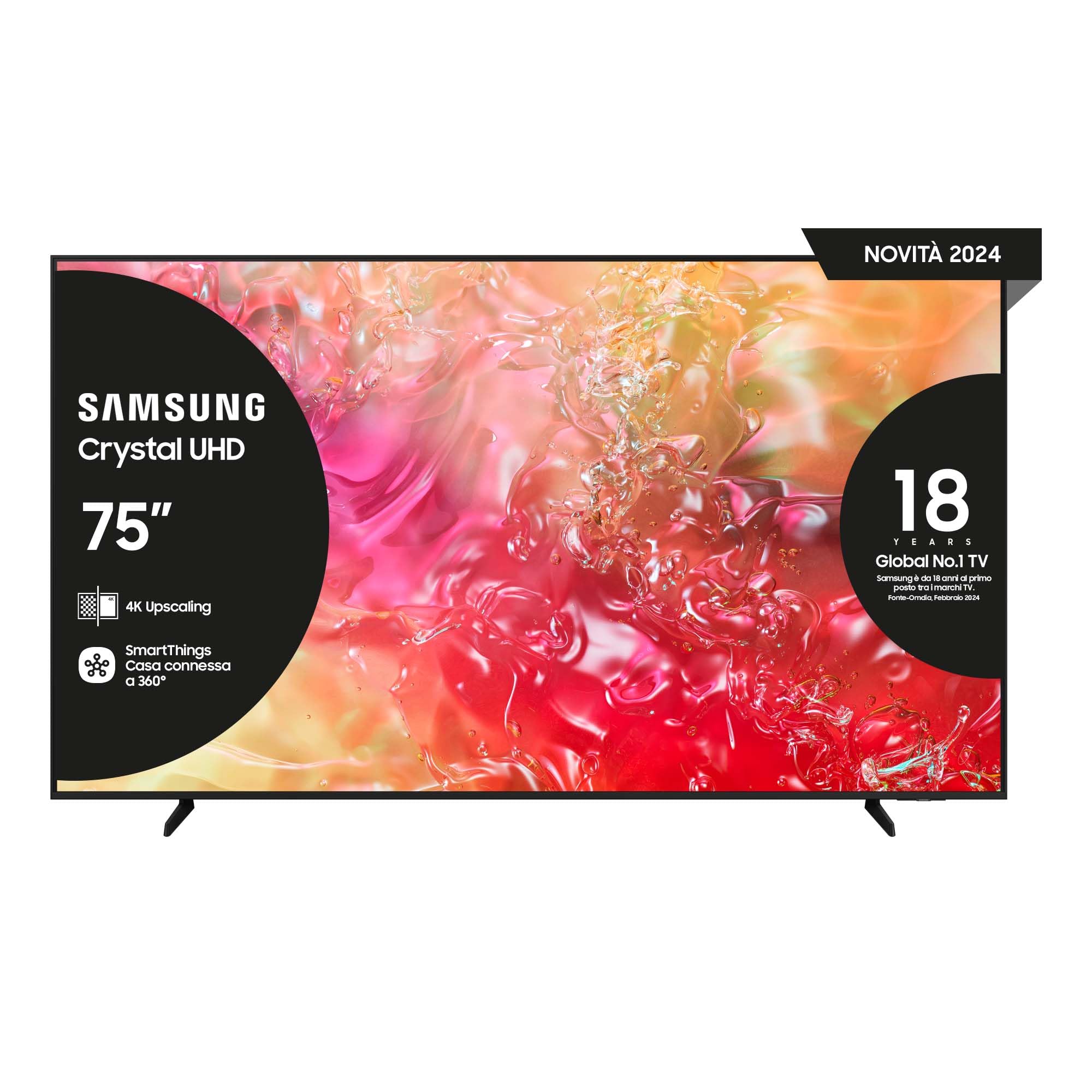Samsung Smart TV 75" UE75DU7170UXZT, Crystal 4K UHD, 4K Upscaling, Slim Look, DVBT-2, Q-Symphony & OTS Lite, Integrato con Bixby, comp con Alexa e Google Assistant, Black 2024 2024 DU7170 75"