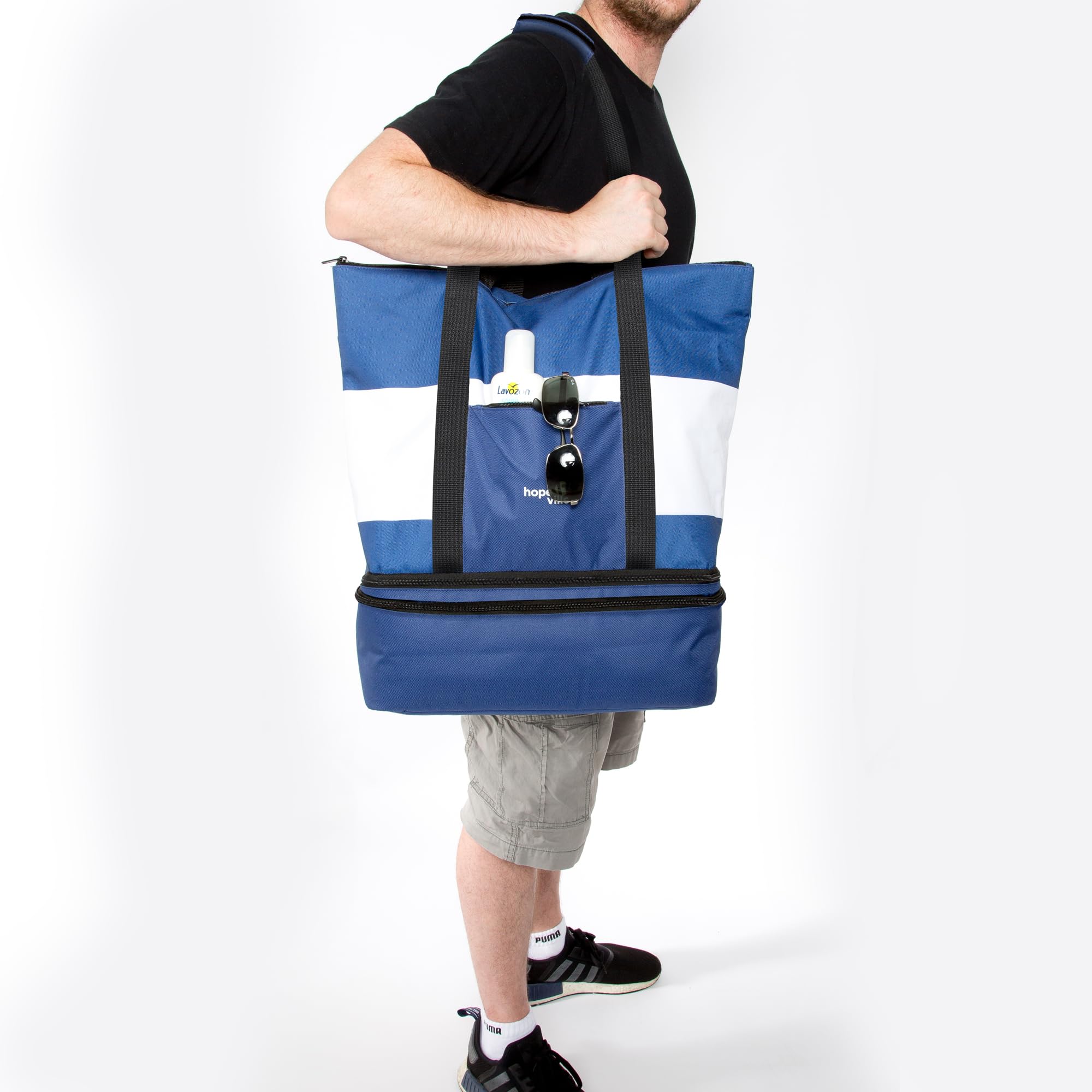 große XXL Strandtasche mit Reißverschluss und integrierter Kühltasche, wasserabweisende Familien Picknicktasche im Marine-Look für Urlaub, Picknick und Shopping (Blau-Weiß)
