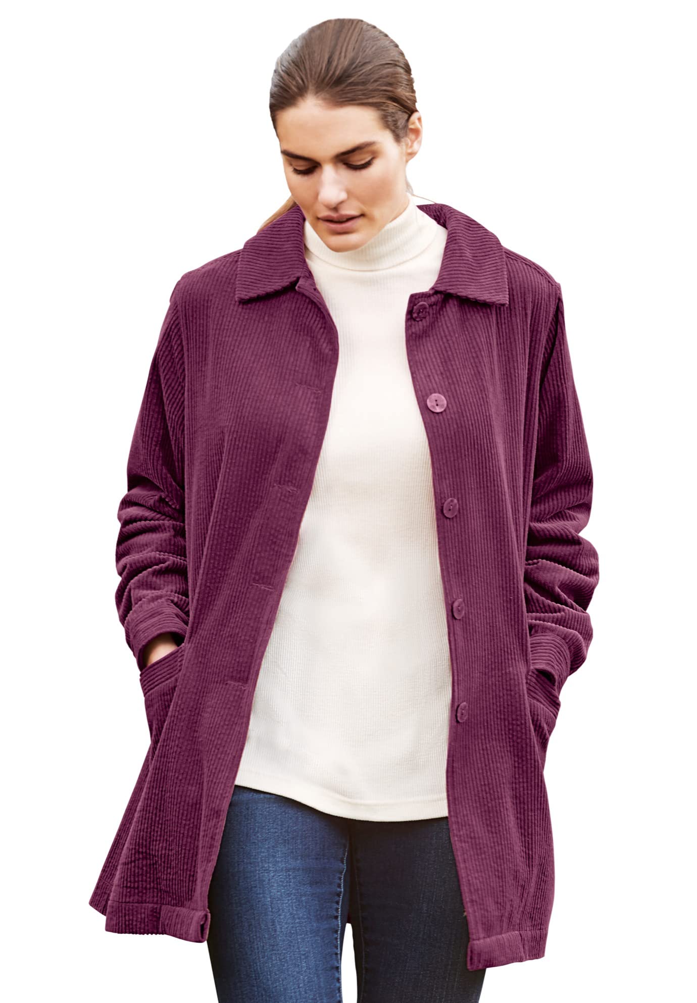 Woman Within Plus Size Pleat Back Corduroy Jacket Long Oversized