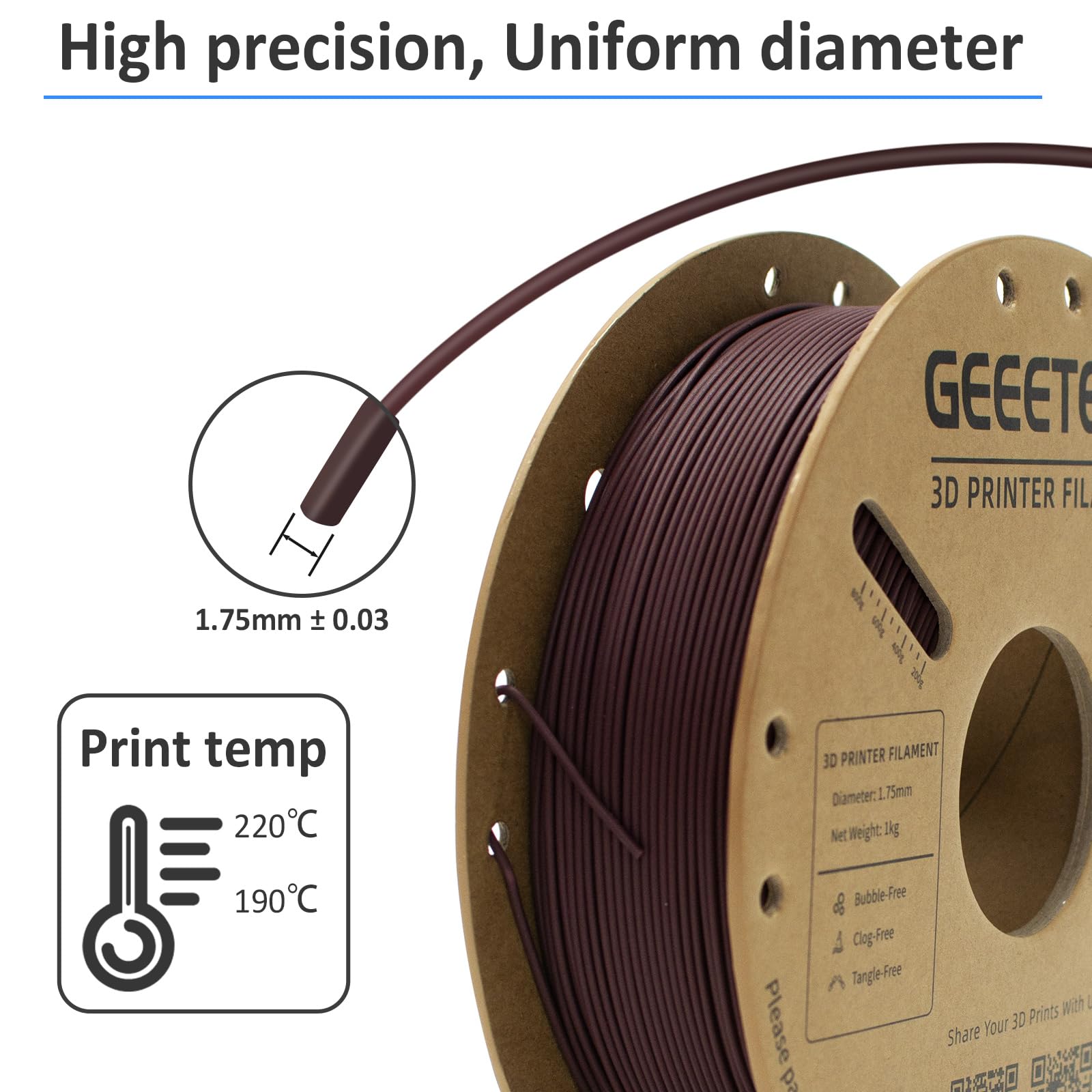 GEEETECH Filamento PLA in fibra di carbonio, filamento CF PLA 1.75 +/- 0.03 mm, bobina da 1 kg per stampante 3D, rosso mattone