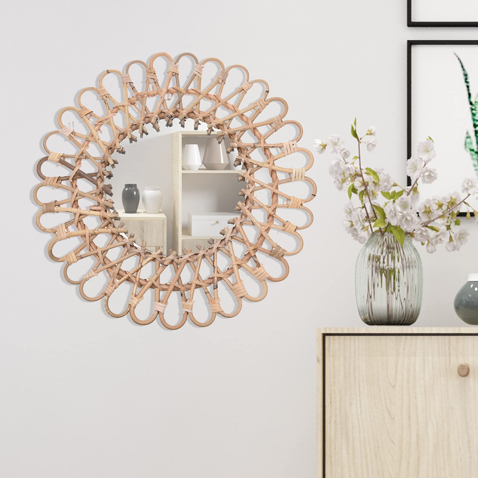 Espejo de pared redondo de ratán, 40 cm, estilo bohemio, escandinavo, decorativo, para salón, pasillo, baño, incluye kit de montaje