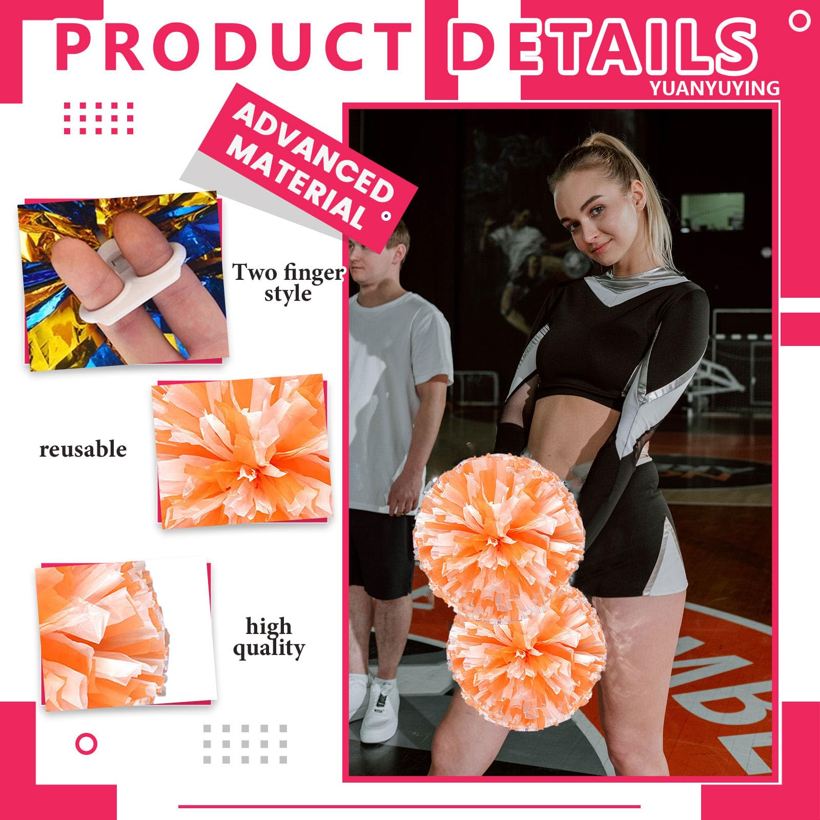 Pompony Cheer 10 sztuk, pompony cheerleaderek, ręczny zestaw drużyny sportowej, na imprezę, festiwal, dla dorosłych i dzieci, łatwy wzór (pomarańczowy + biały)