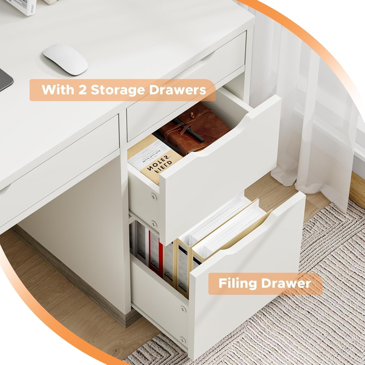 White Desk with Drawers, 48 Inch Small Computer Desk with 4 Storage Drawers for Small Space, Home Office Desk for Bedroom with Storage File Cabinet 48 Inch White