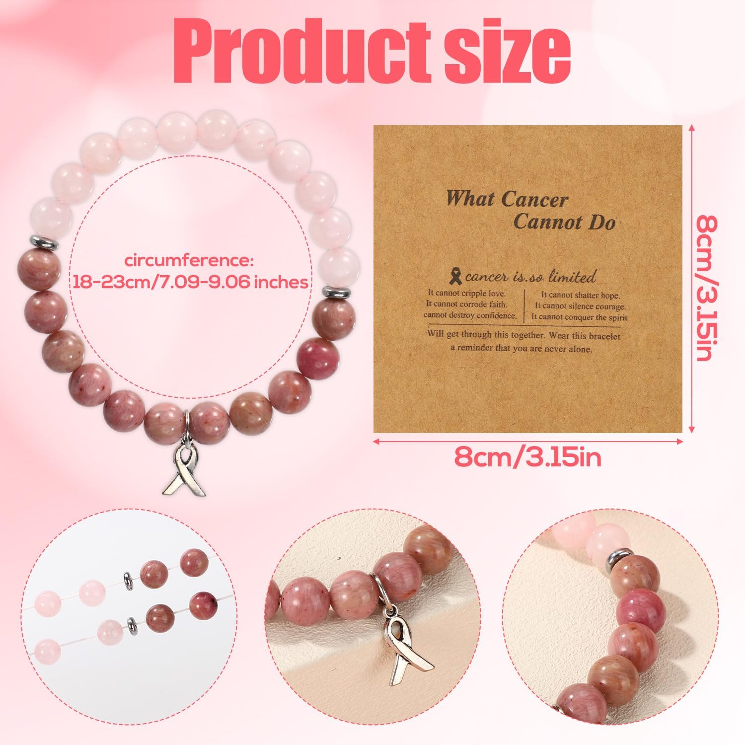 Breast Awareness Bracelet, Ribbon Charm Beaded Bracelets Natural Stone Crystal Self Care Inspirational Bracelets Encouragement Gifts for Woman Stress Anxiety Relieving Accessories - Image 2