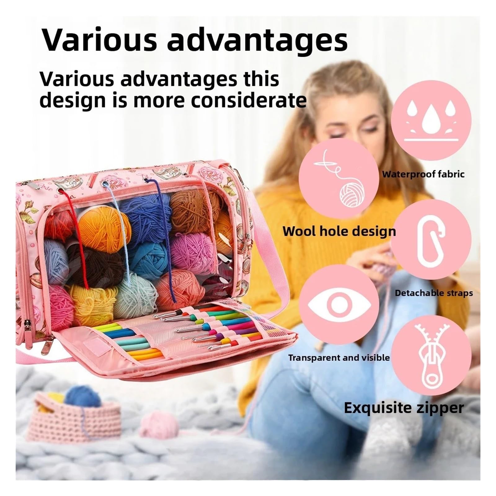 Bolsa organizadora de hilo tejer tela Oxford gran capacidad, bolsa viaje con múltiples bolsillos for accesorios ganchillo para Agujas, Hilo(SKY BLUE)