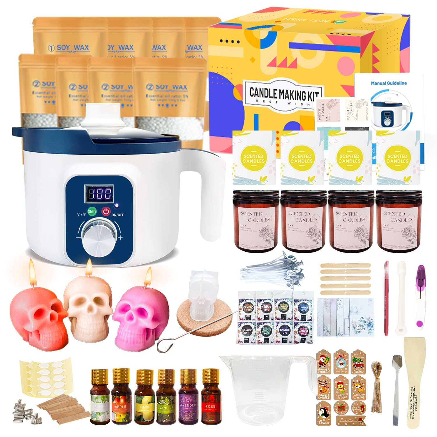 Kit completo de fabricación de velas para adultos con olla de fusión de cera digital | Juego de cera de soja con molde de cabeza de calavera, tarros de velas, fragancia, tintes y más
