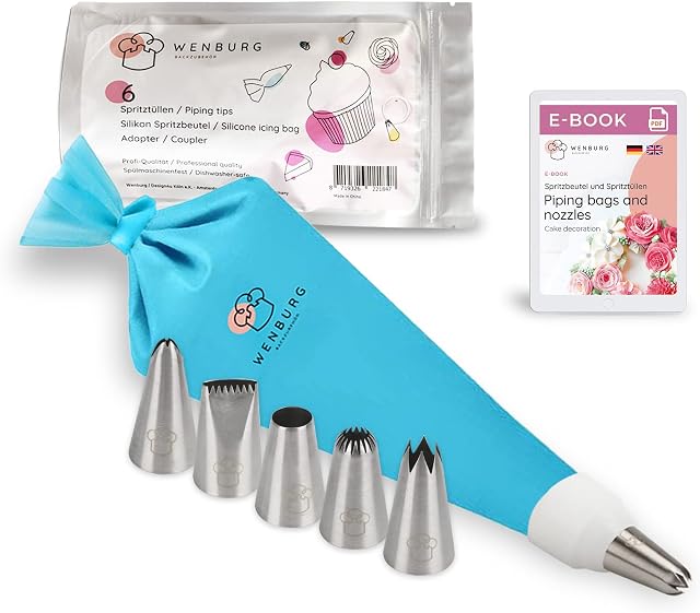 Wenburg Basic Piping Nozzles Set - 6 Large Icing Tips - 35cm Silicone Piping Bag - Adapter, Professional Stainless Steel Attachments for Cakes, Pies, Cookies Decoration (Basic)