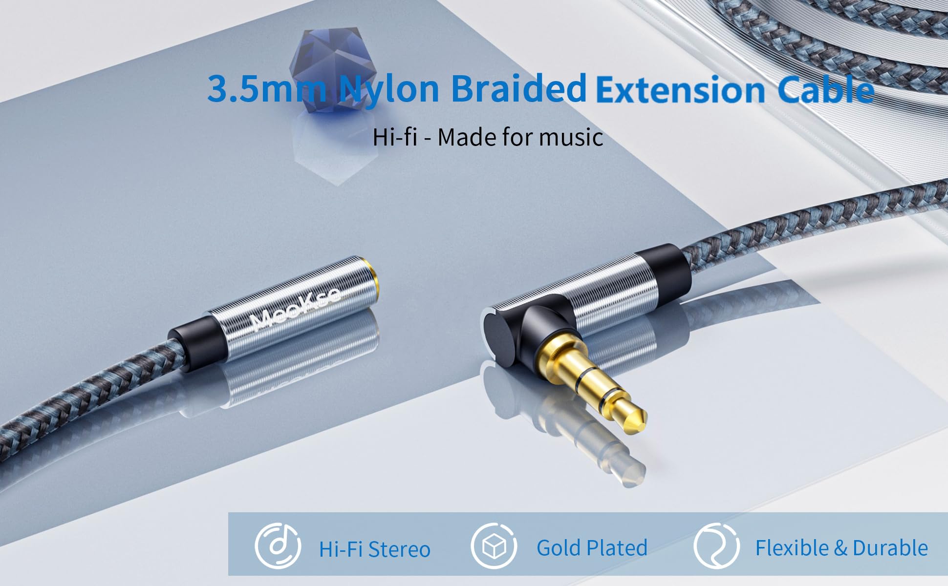 Meokse Cable de extensión de audio con conector auxiliar de 3,5 mm, trenzado de 3 pies, cable de audio estéreo macho a hembra de 3,5 mm, cable de auriculares para smartphone de 1 m