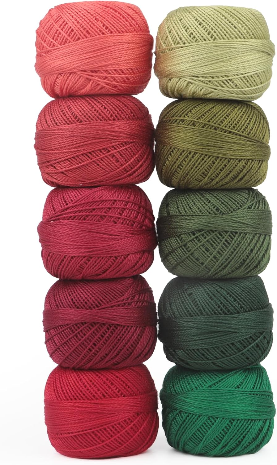 Size 8 Double Mercerized Egyptian Long Staple Cotton Pearl Thread 10 Grams (87 Yards)/Ball Crochet Thread 10 Colors per Box for Crochet Hardanger Cross Stitch Hand Embroidery (Set G)