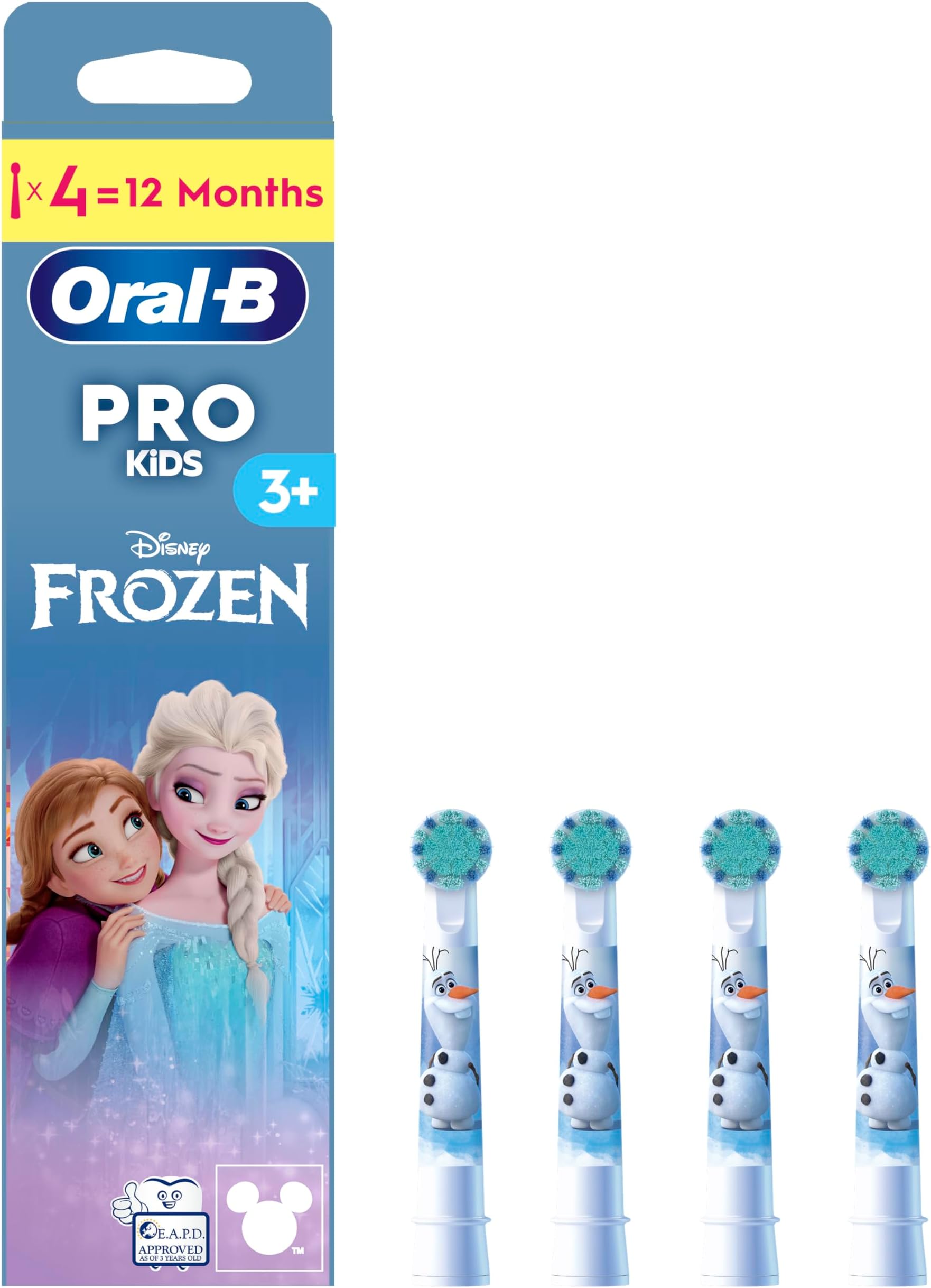 Oral-B Pro Kids Electric Toothbrush Head, Oral B Electric Toothbrushes Kids, with Disney Frozen Characters, Extra Soft Bristles, for Ages 3+, Pack of 4 Toothbrush Heads, White